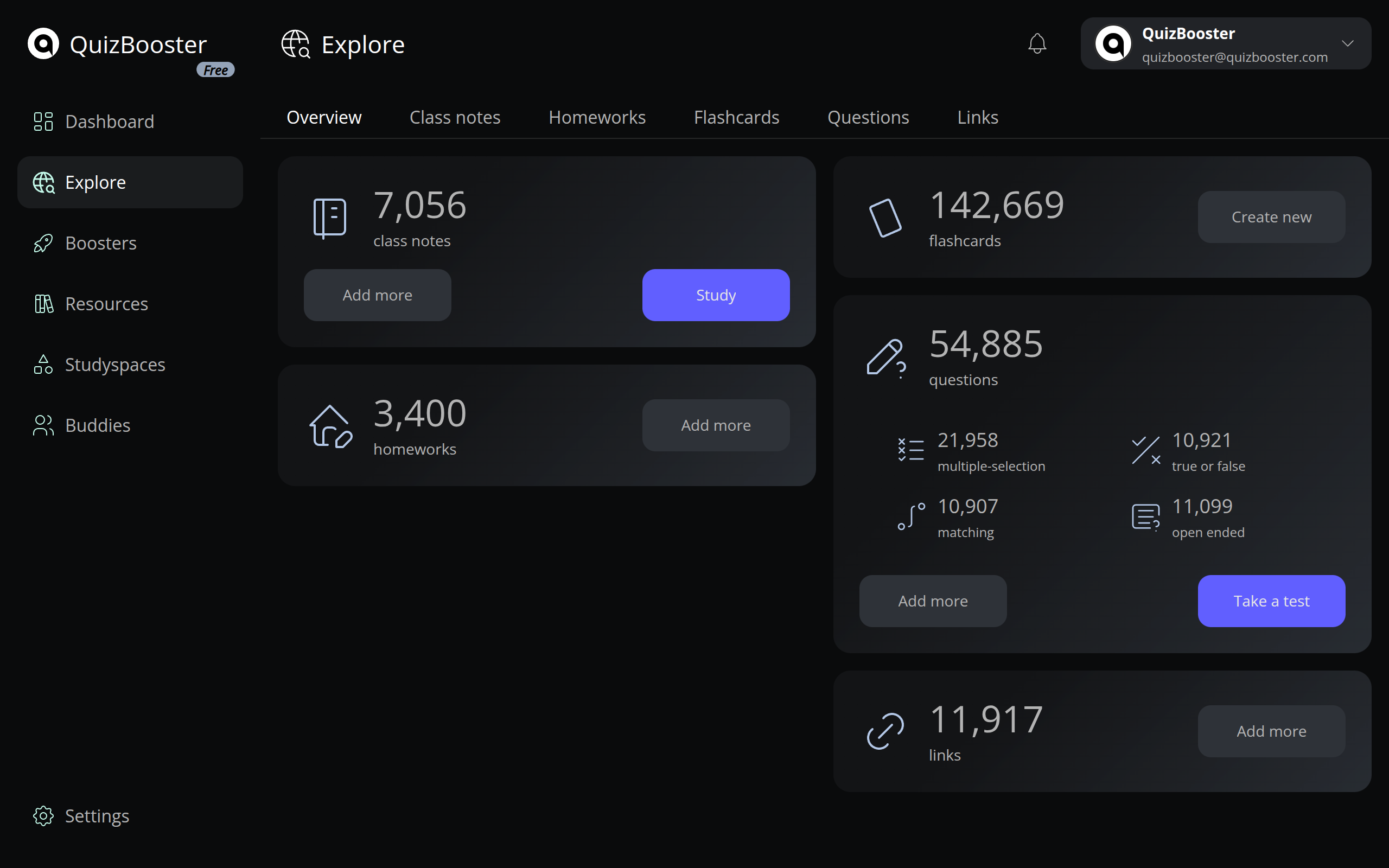 QuizBooster Explore Hub with 334,233+ Materials