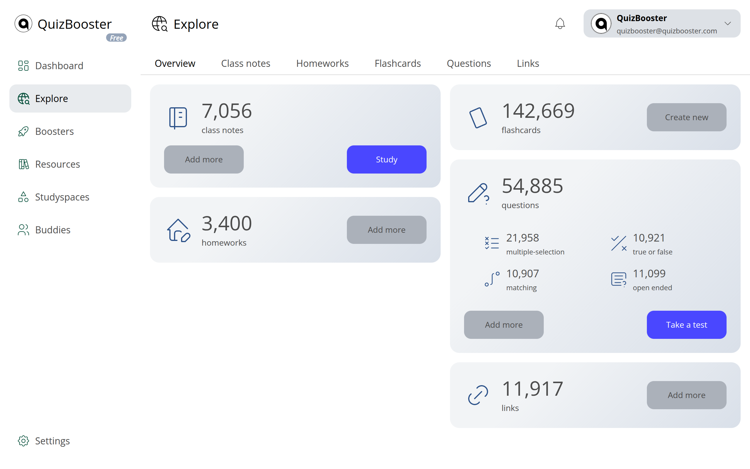 QuizBooster Explore Hub with 334,233+ Materials